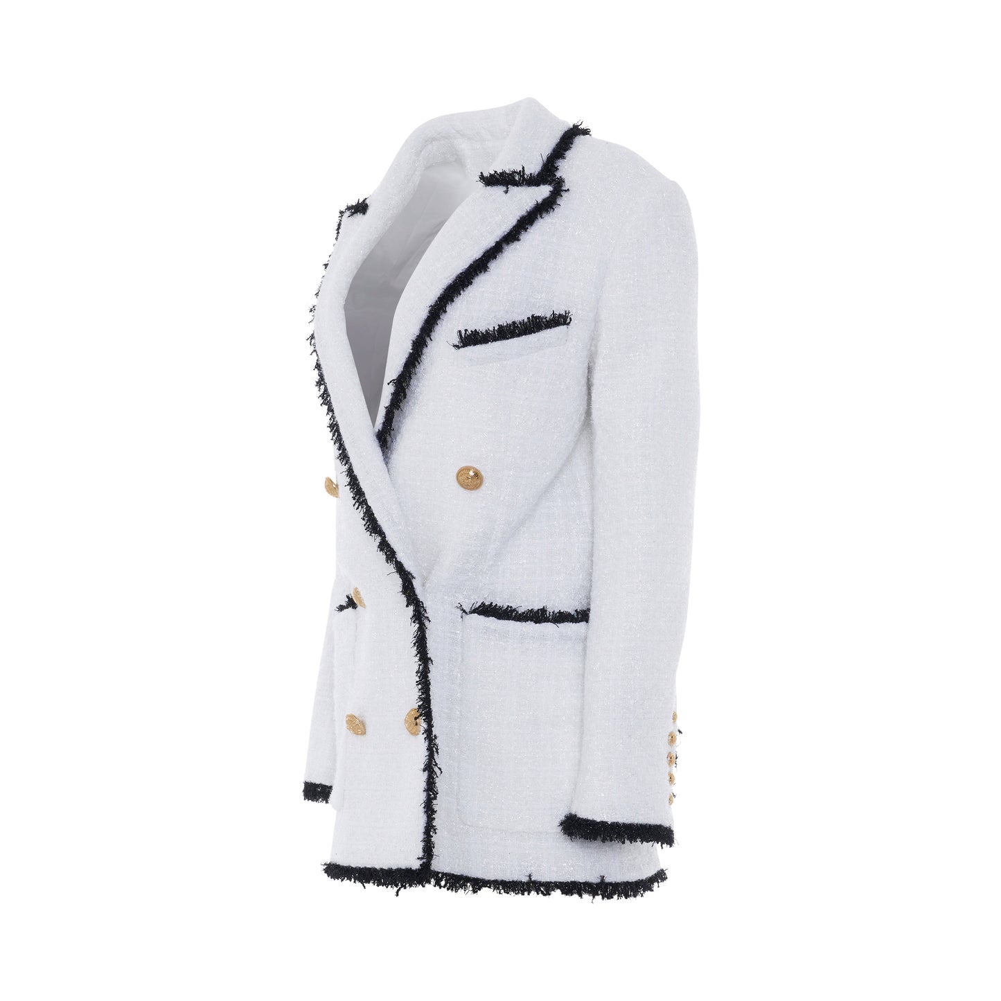 6 Button Fringed Tweed Blazer in White/Black