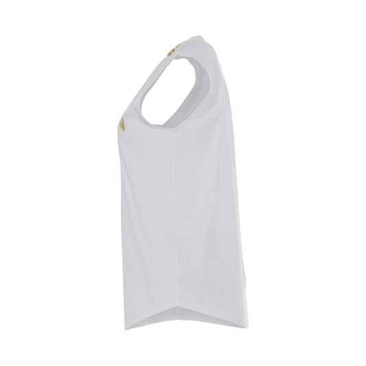 3 Button Metallic Logo  Tank Top in White/Gold