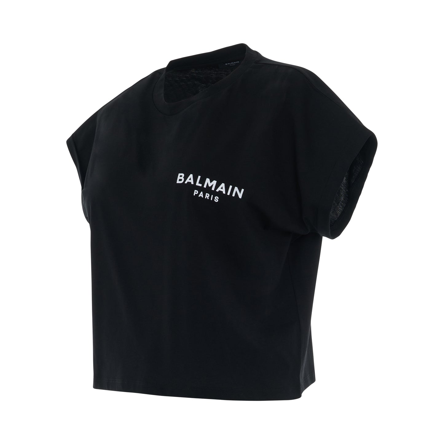 Cropped Logo Flock Detail Loose Fit T-Shirt in Black
