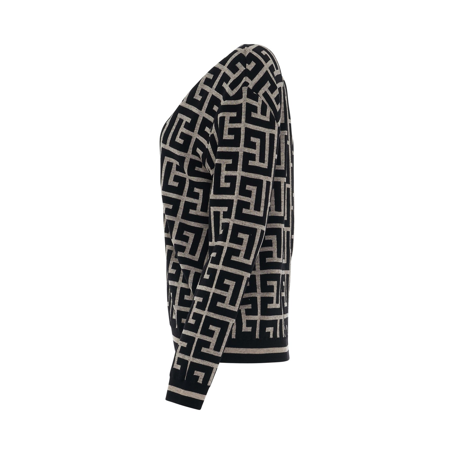 Maxi Monogram V Neck Knit Pullover in Ivory/Black