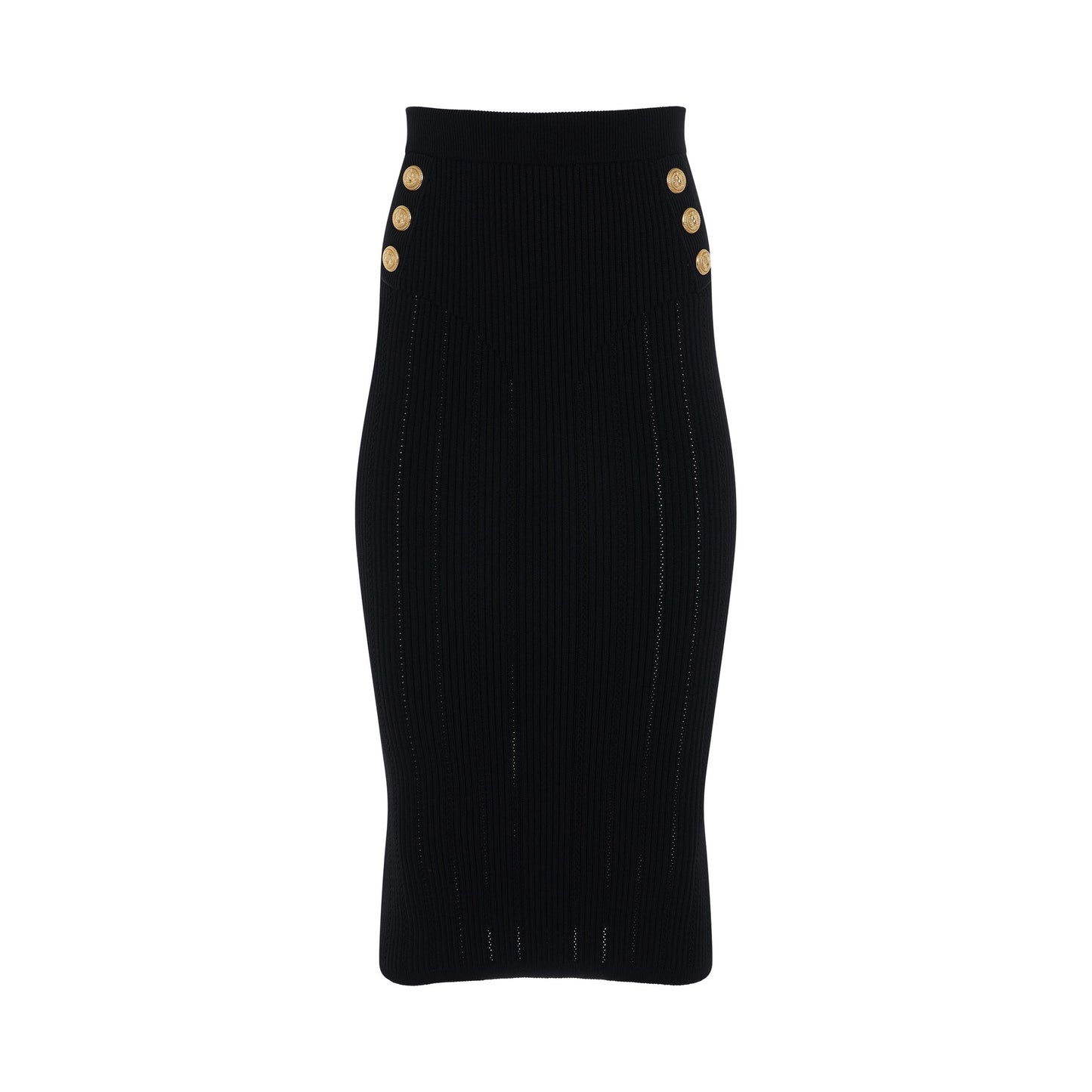 High Waisted 6 Button Knitted Midi Skirt in Black