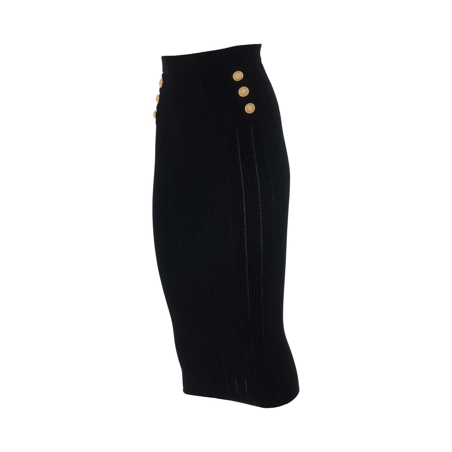 High Waisted 6 Button Knitted Midi Skirt in Black