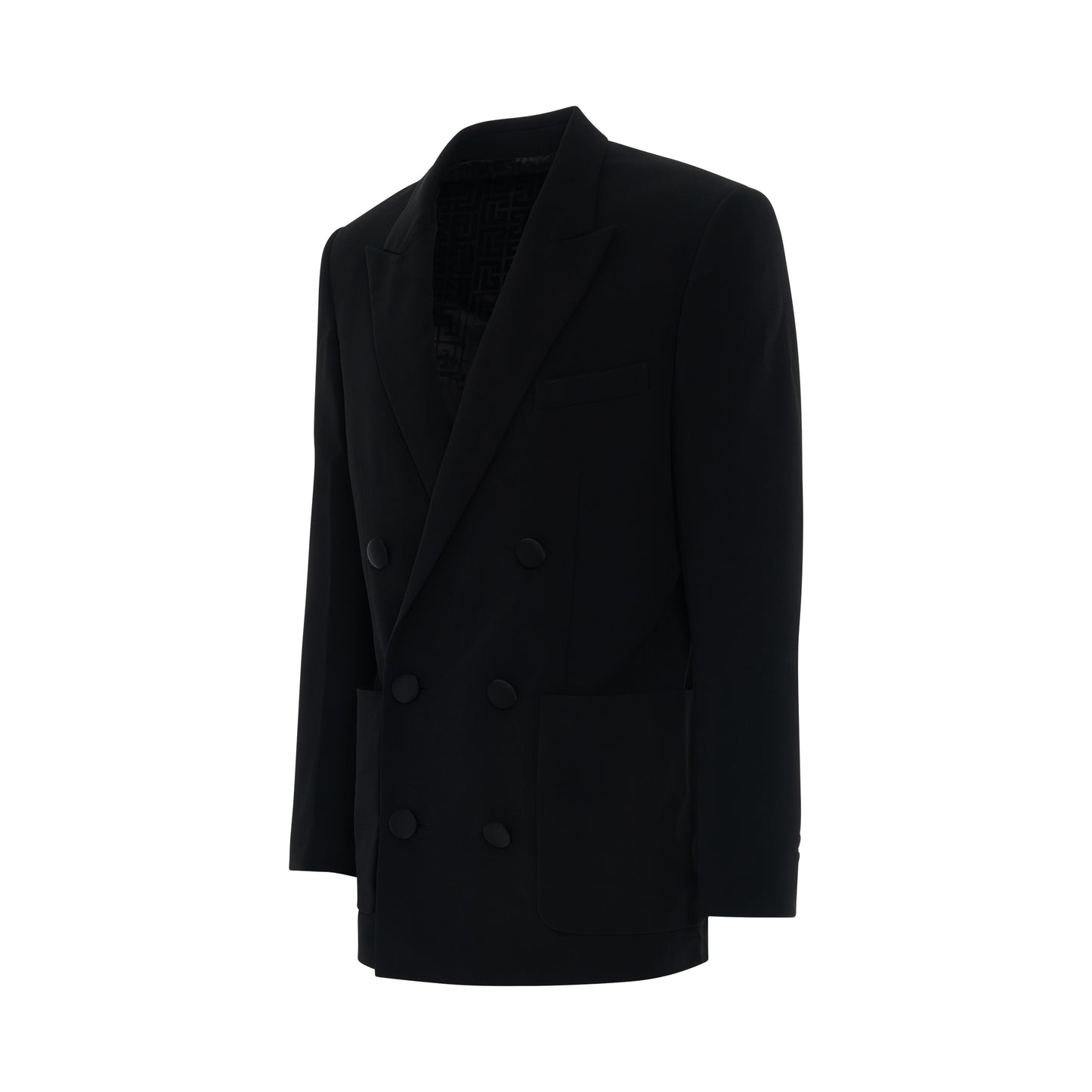 Double Breasted Crepe Blazer with Monogram Lining in Black
