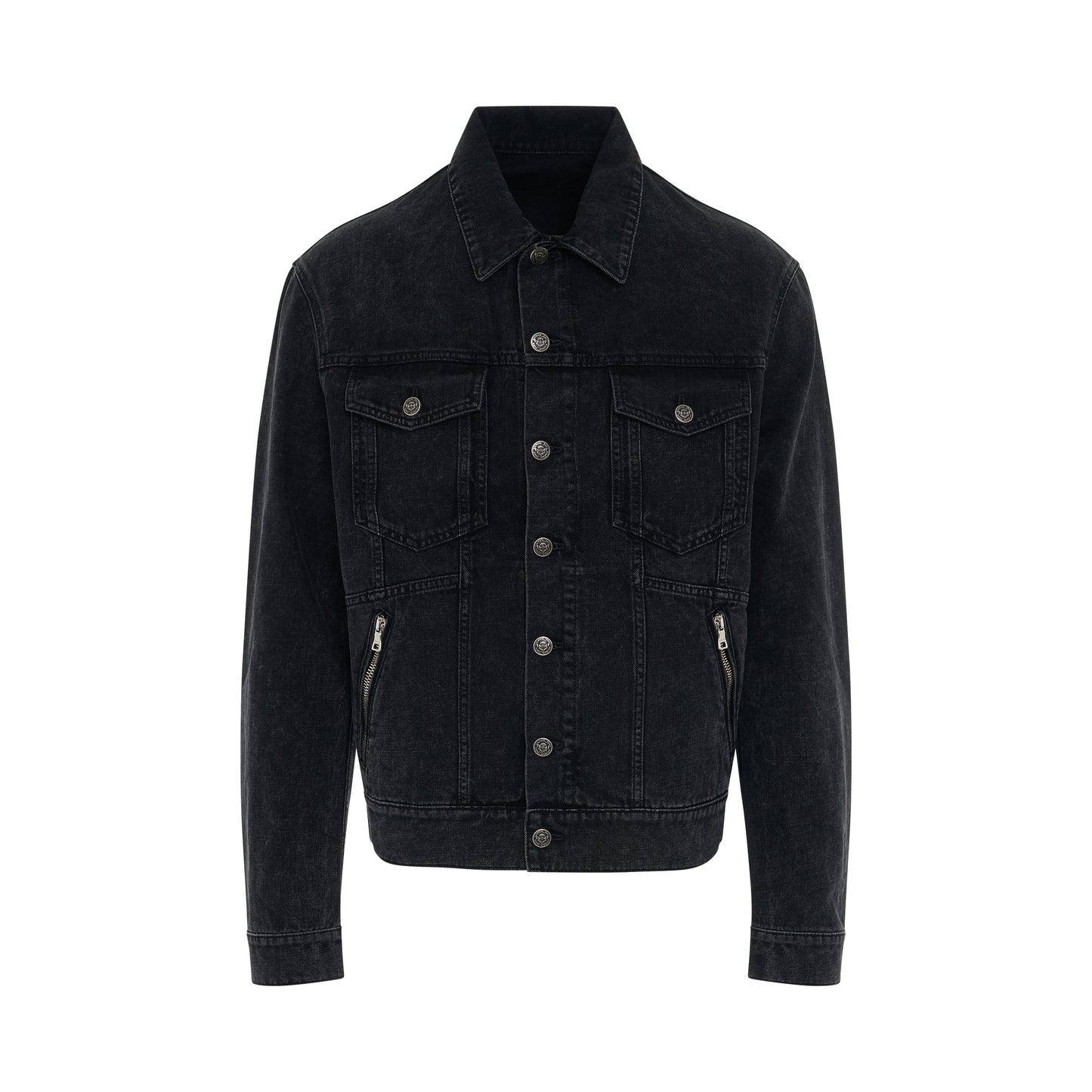Buttoned Denim Jacket with Zipped Pocket in Washed Black