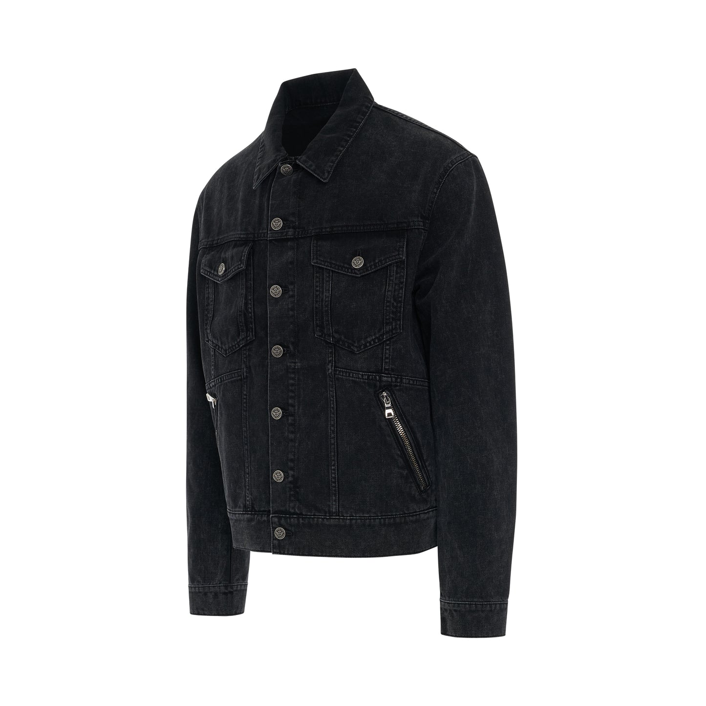 Buttoned Denim Jacket with Zipped Pocket in Washed Black
