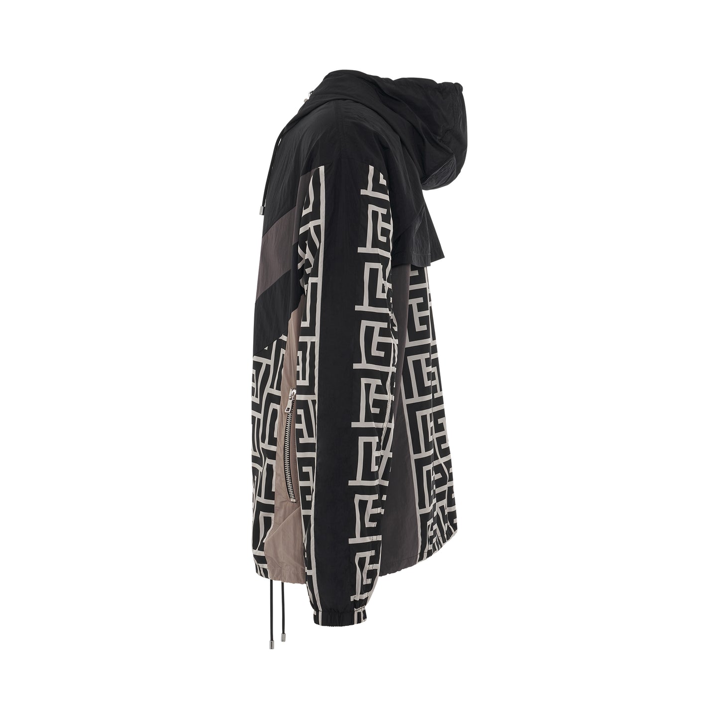 Hooded Multi-Cuts Nylon Track Jacket in Ivory/Black