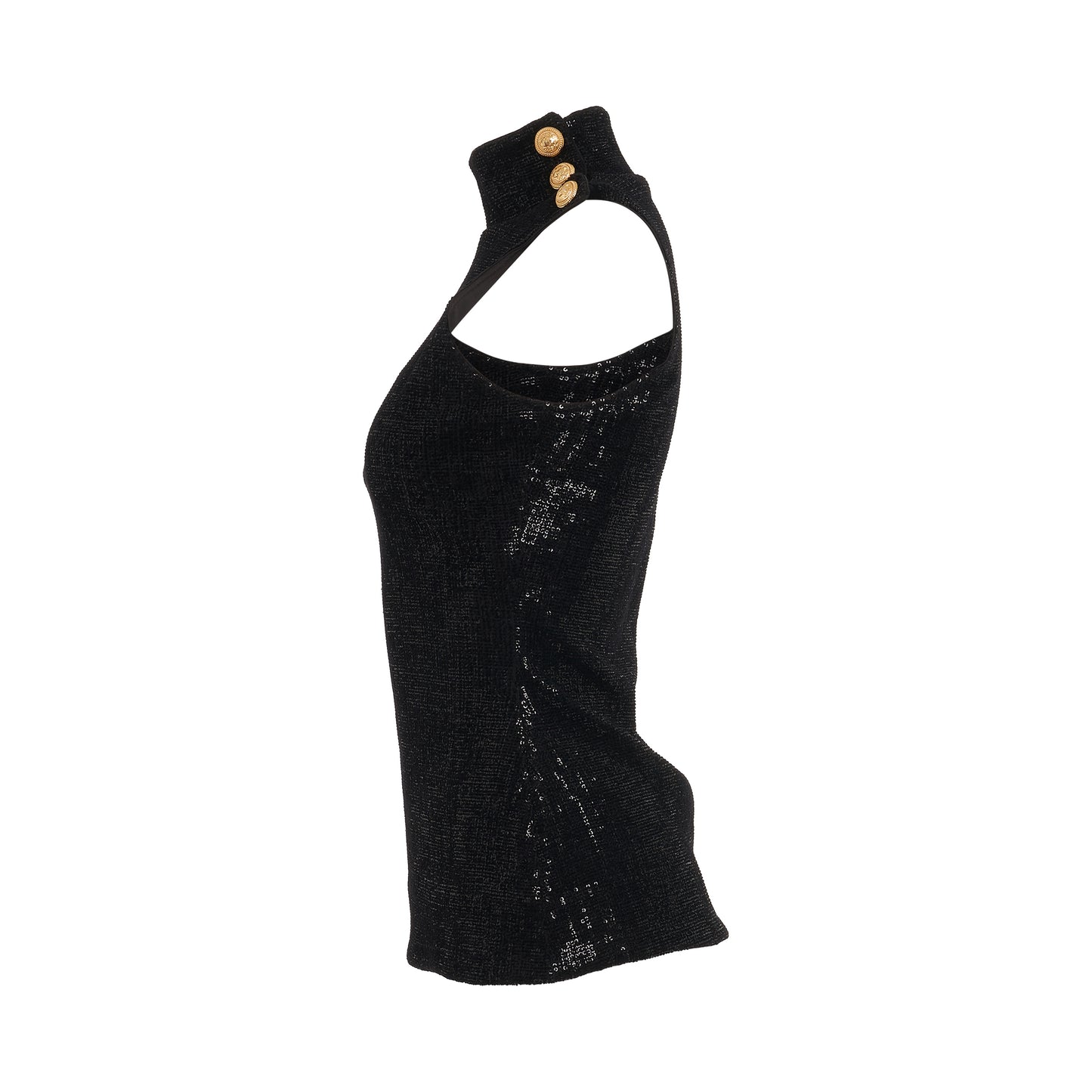 3 Button Sleeveless High Neck Sequin Top in Black