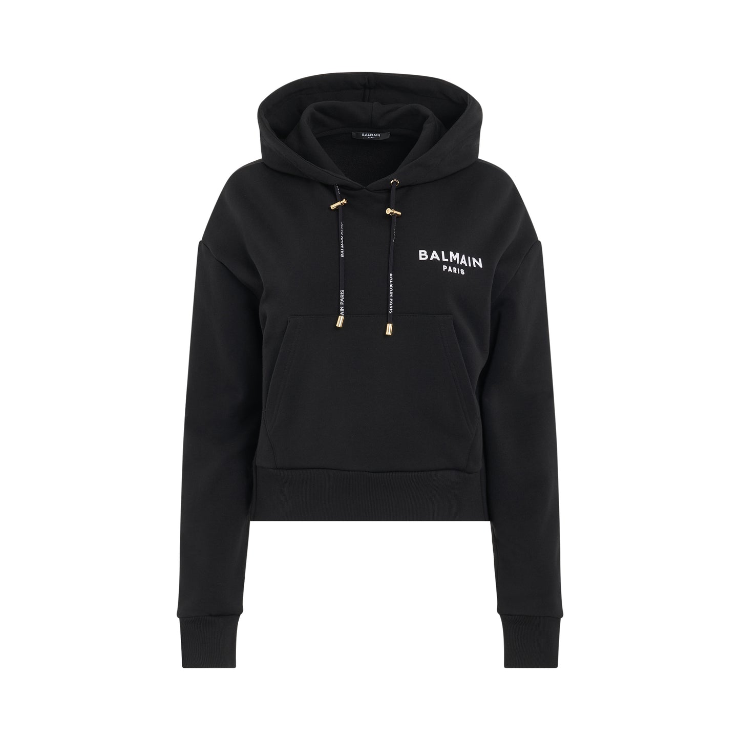 Flocked Logo Detail Cropped Eco Hoodie in Black