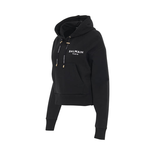 Flocked Logo Detail Cropped Eco Hoodie in Black