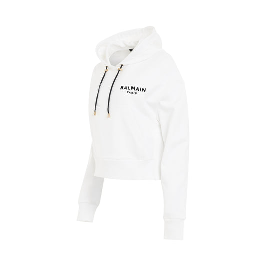 Flocked Logo Detail Cropped Hoodie in White