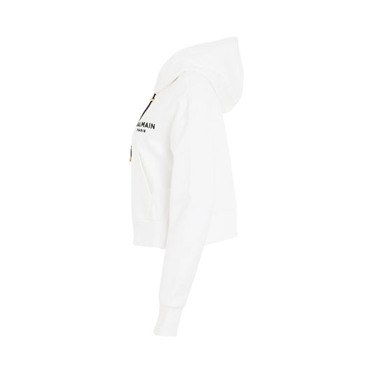 Flocked Logo Detail Cropped Hoodie in White