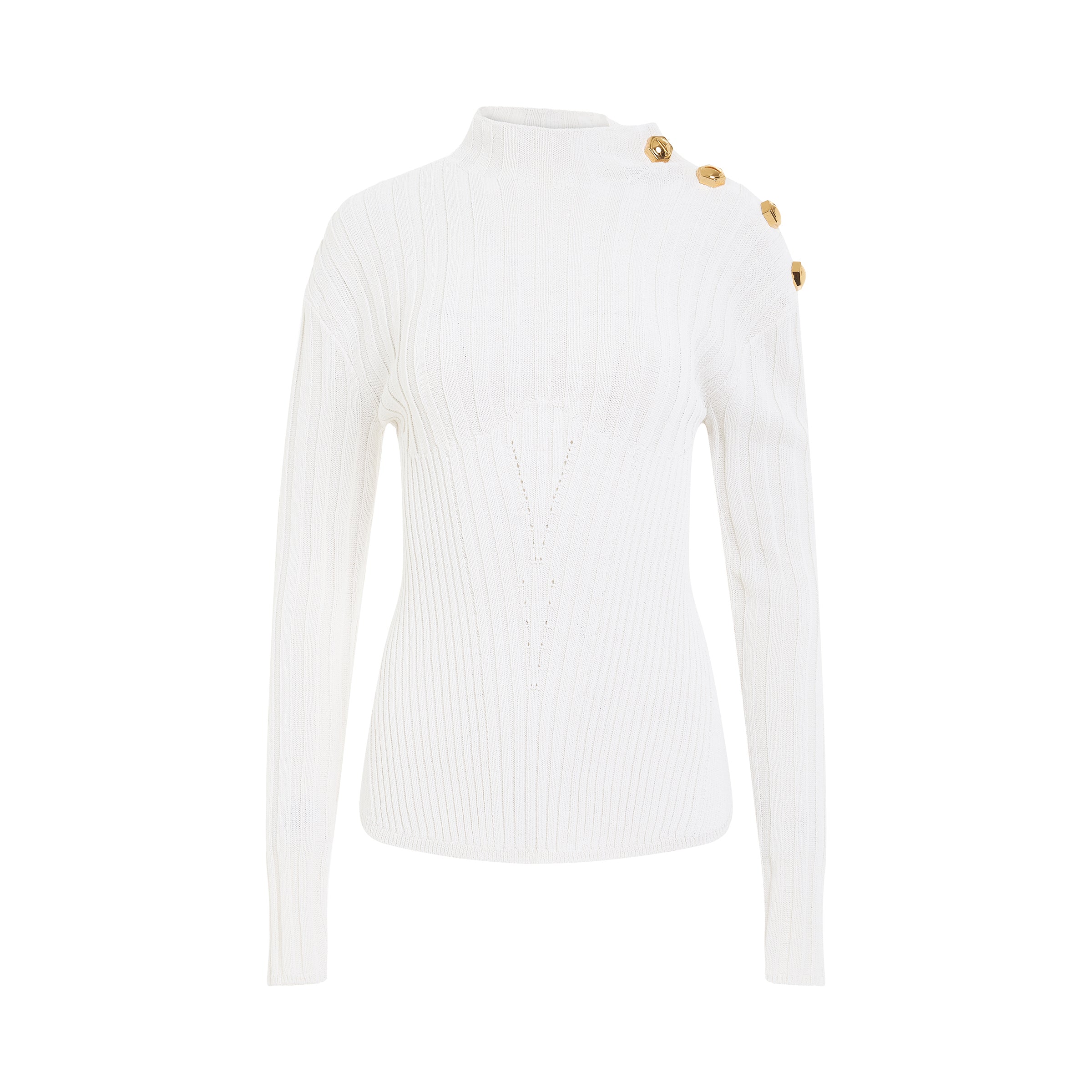 4 Button Wool Knit Pullover in White