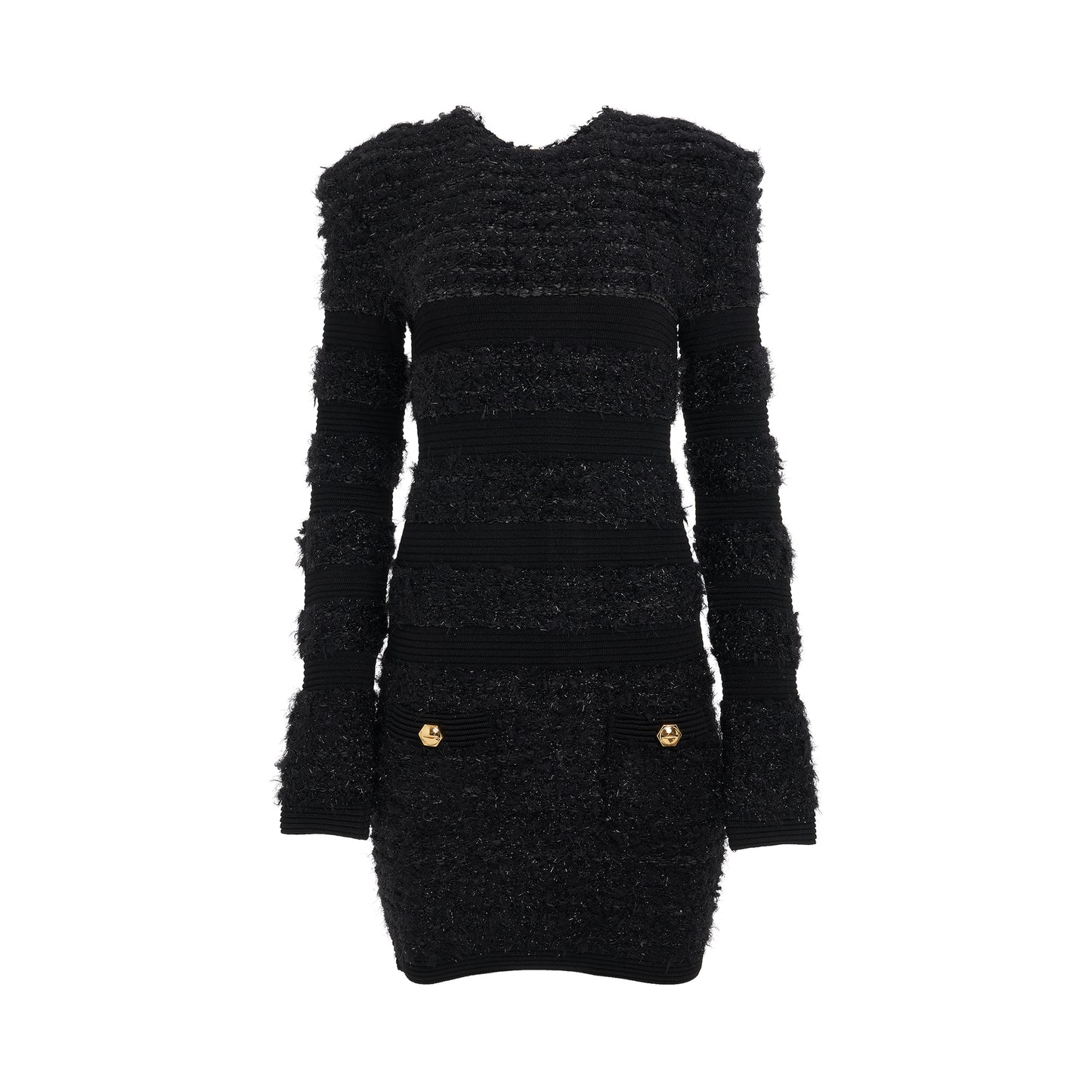 2 Button Long Sleeve Ribbed Tweed Short Dress in Black