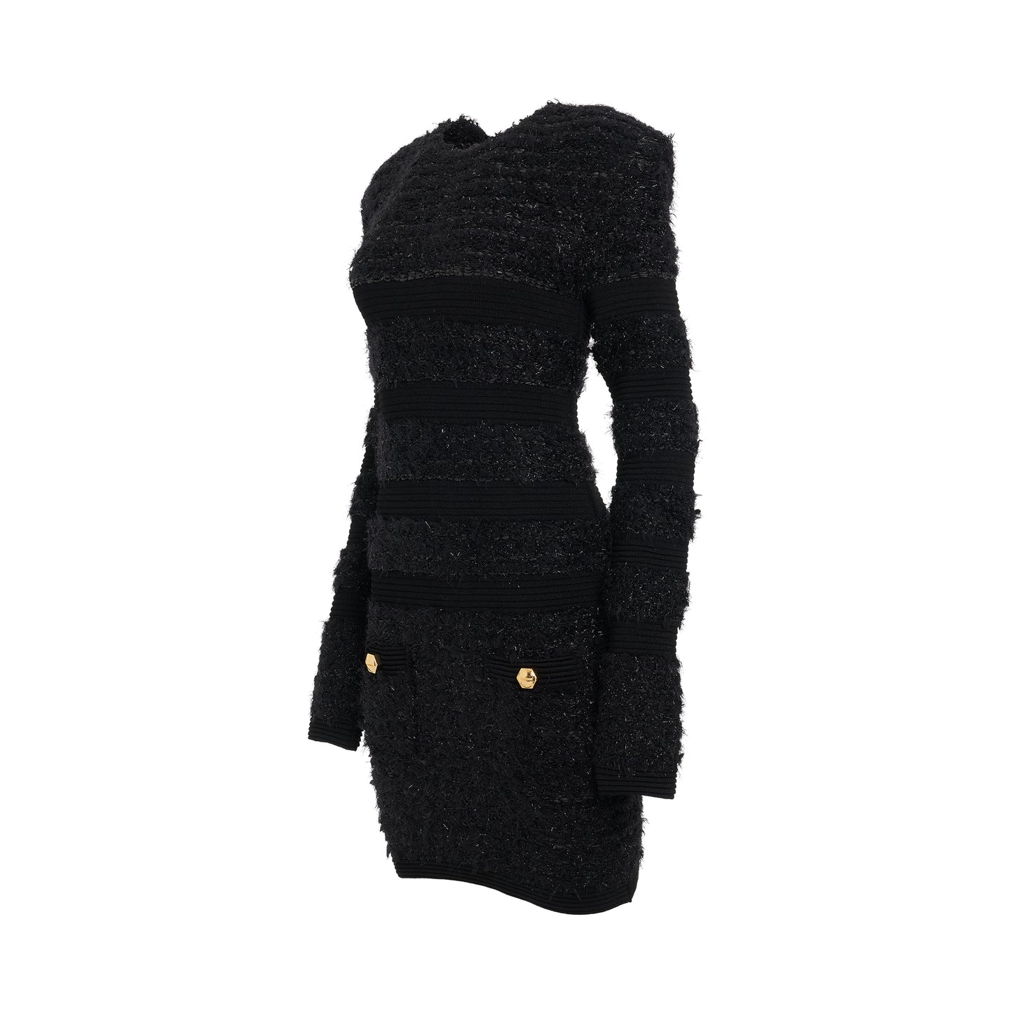 2 Button Long Sleeve Ribbed Tweed Short Dress in Black