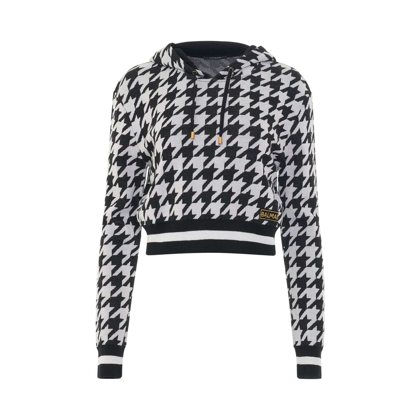 Houndstooth Jacquard Knit Cropped Hoodie in White/Black