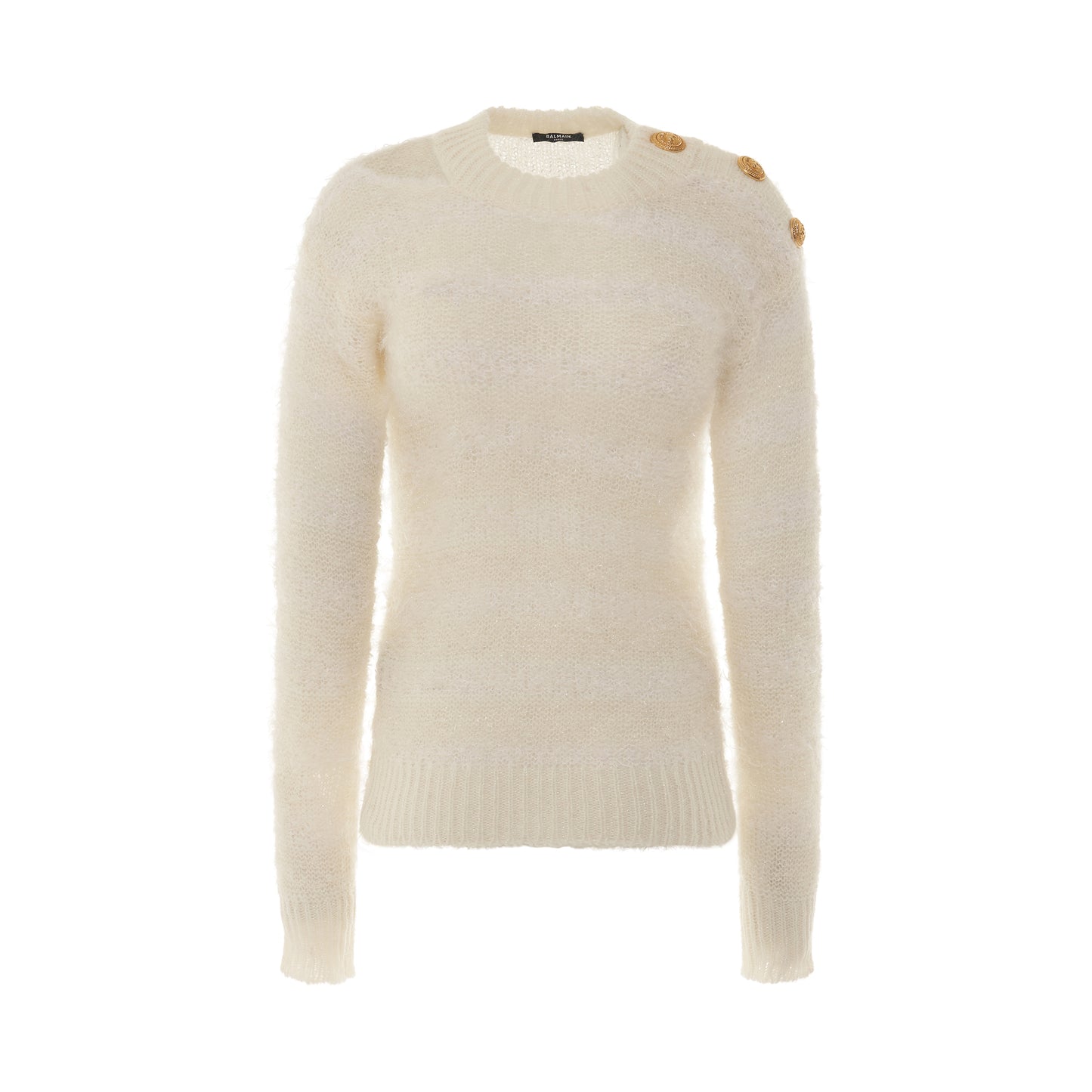 3 Button Shouder Cut Striped Knit Pullover in Egg Shell