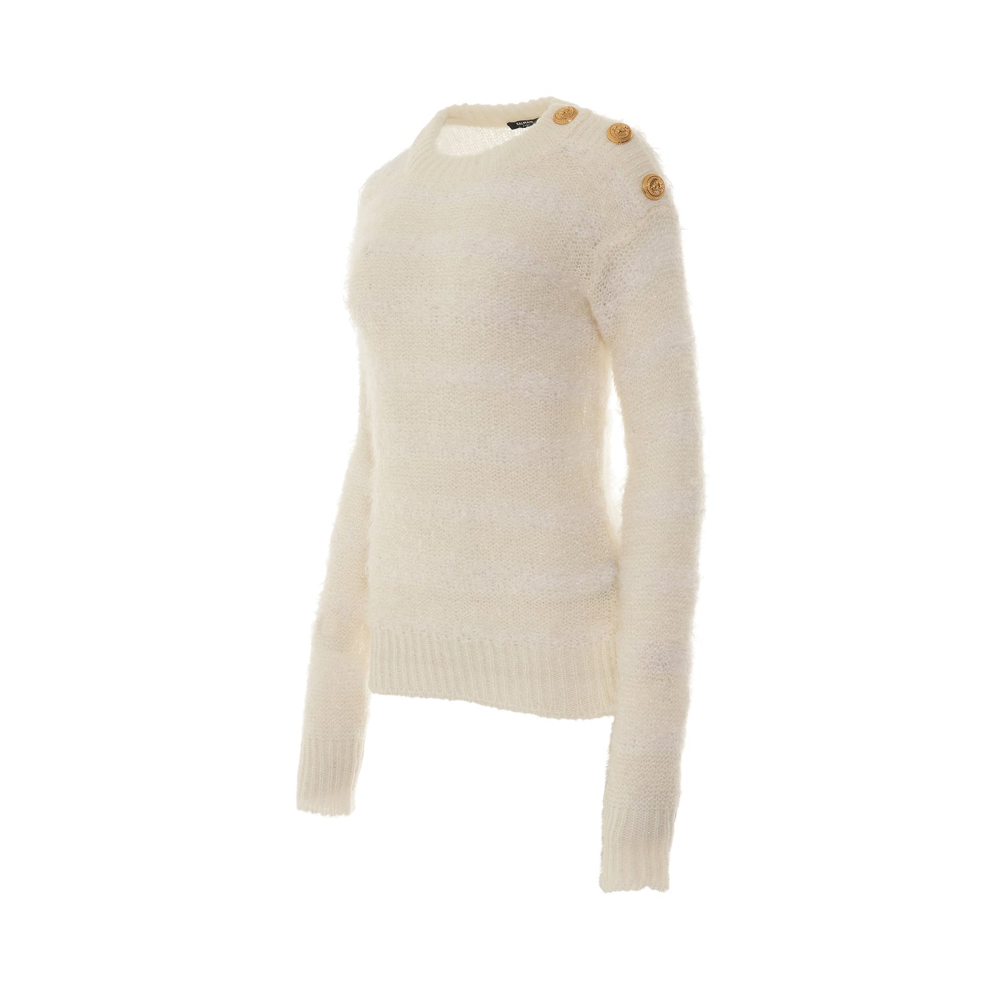 3 Button Shouder Cut Striped Knit Pullover in Egg Shell