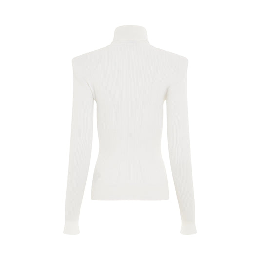 Button Trimmed Turtleneck Sweater in White