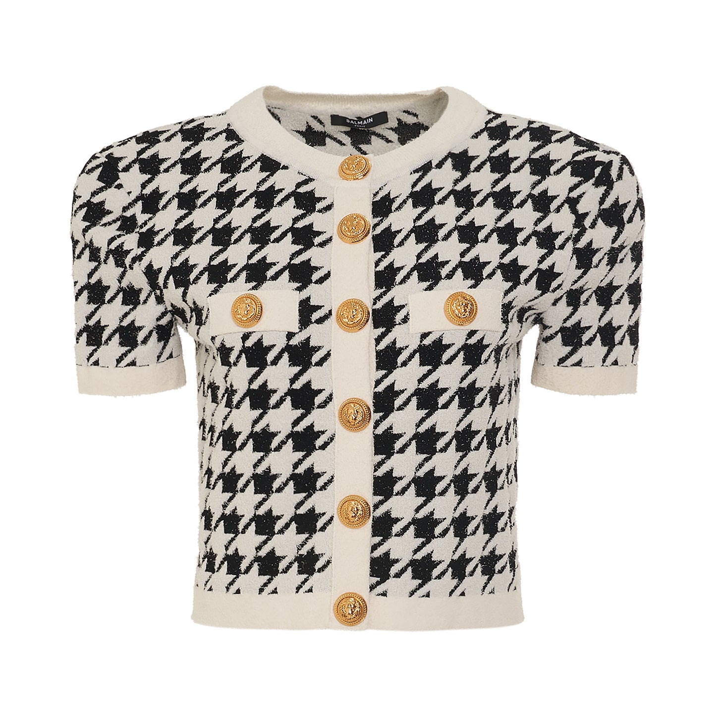 Short Sleeve Houndstooth Buttoned Tweed Cardigan in Egg Shell