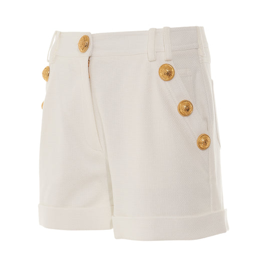 6 Button Low Rise Cotton Pique Shorts in White