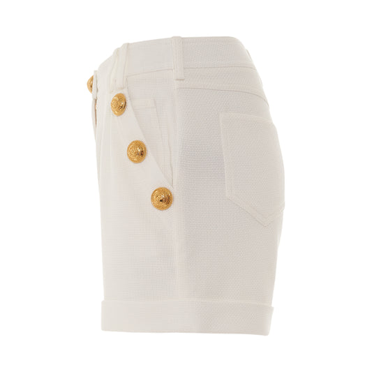 6 Button Low Rise Cotton Pique Shorts in White