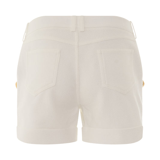 6 Button Low Rise Cotton Pique Shorts in White