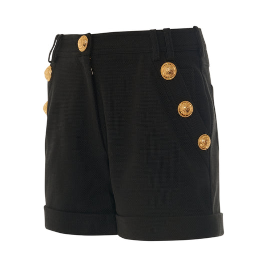 6 Button Low Rise Cotton Pique Shorts in Black