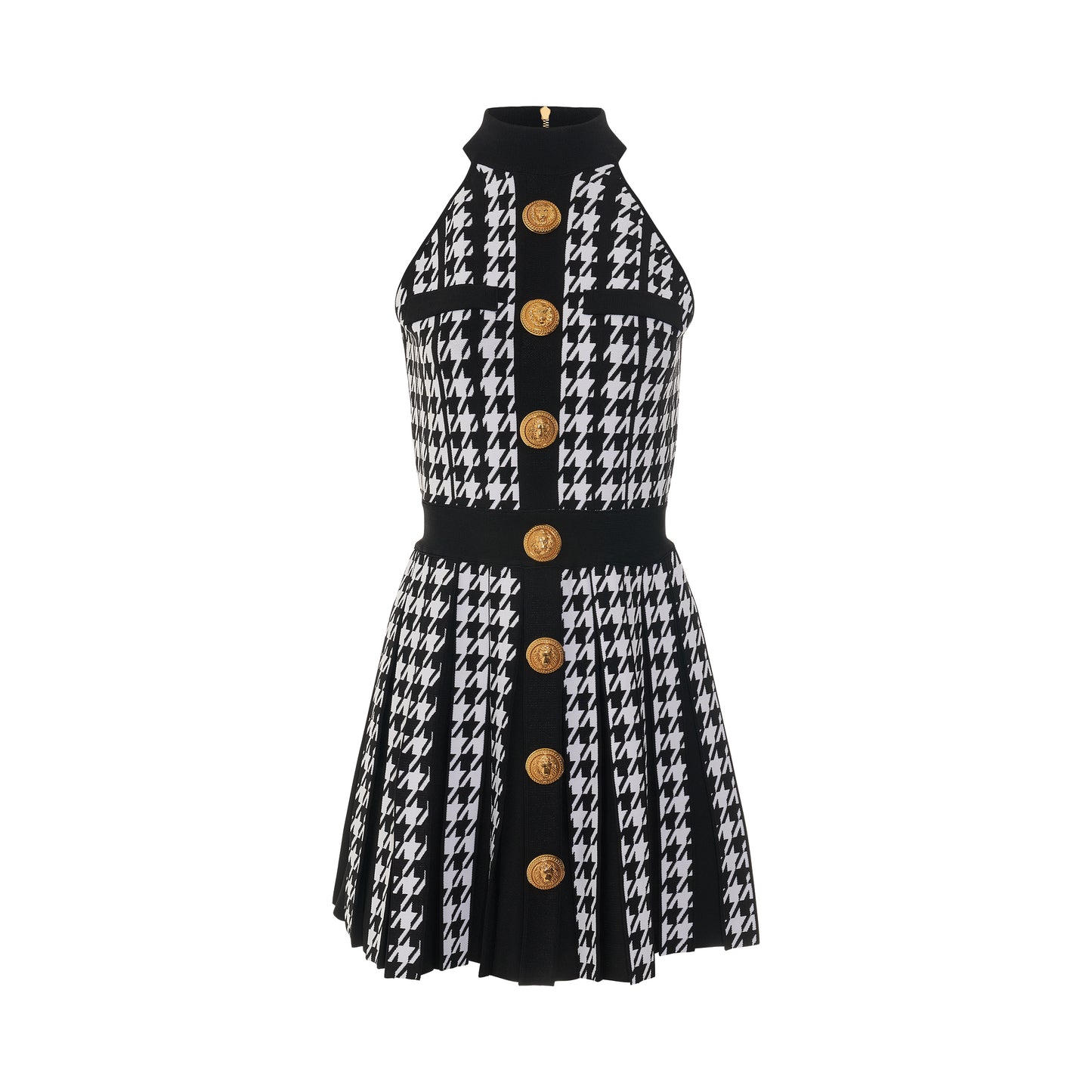 Sleeveless Houndstooth Pleated Dress in Black/White