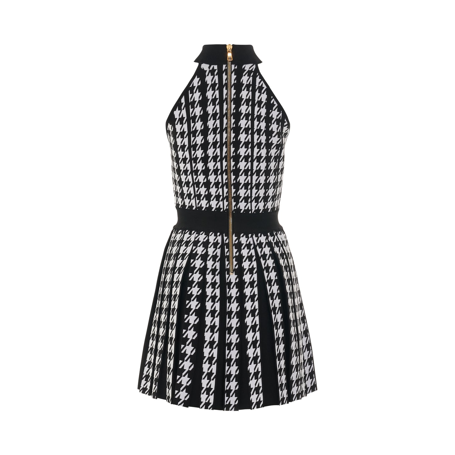 Sleeveless Houndstooth Pleated Dress in Black/White