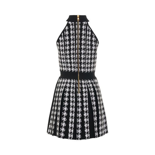 Sleeveless Houndstooth Pleated Dress in Black/White