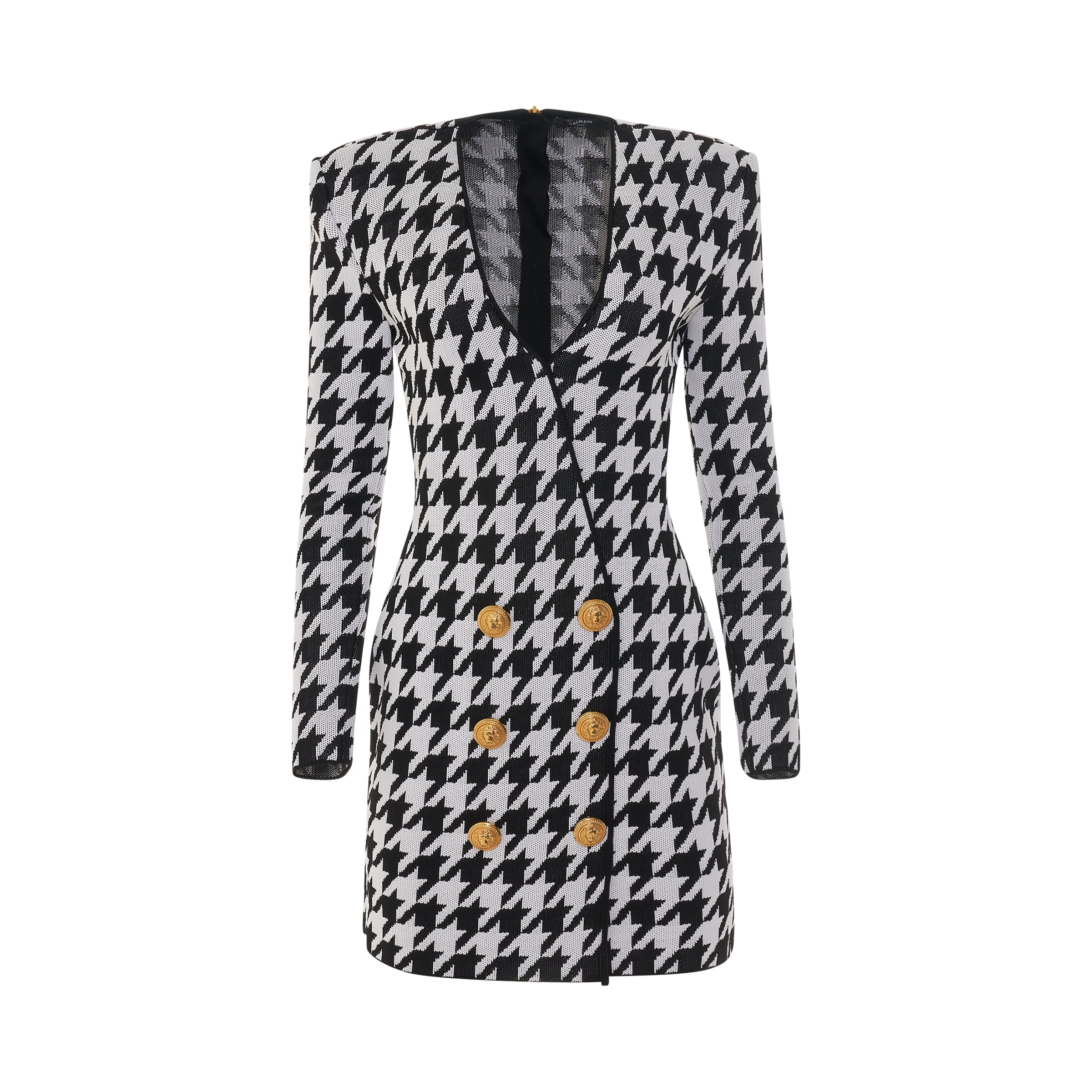 Long Sleeve 6 Button Houndstooth Wrap Knit Dress in Black/White