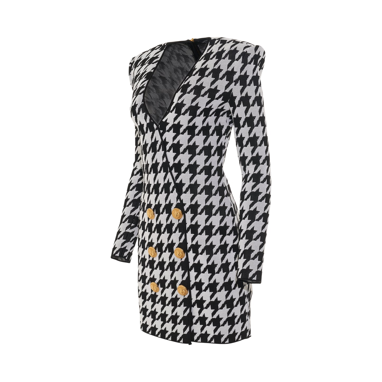 Long Sleeve 6 Button Houndstooth Wrap Knit Dress in Black/White