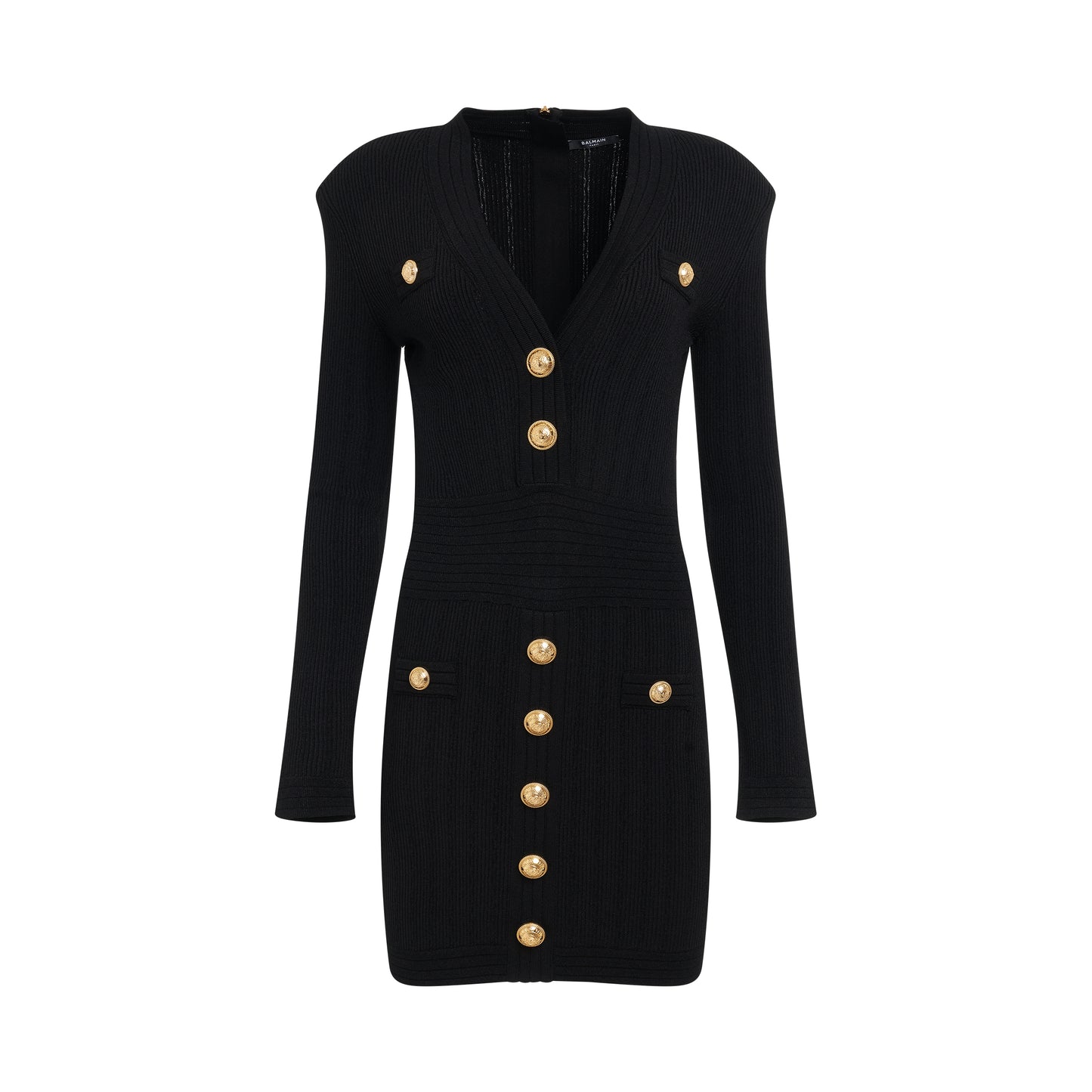 Short Long Sleeve V Neck Button Detail Knit Dress in Black