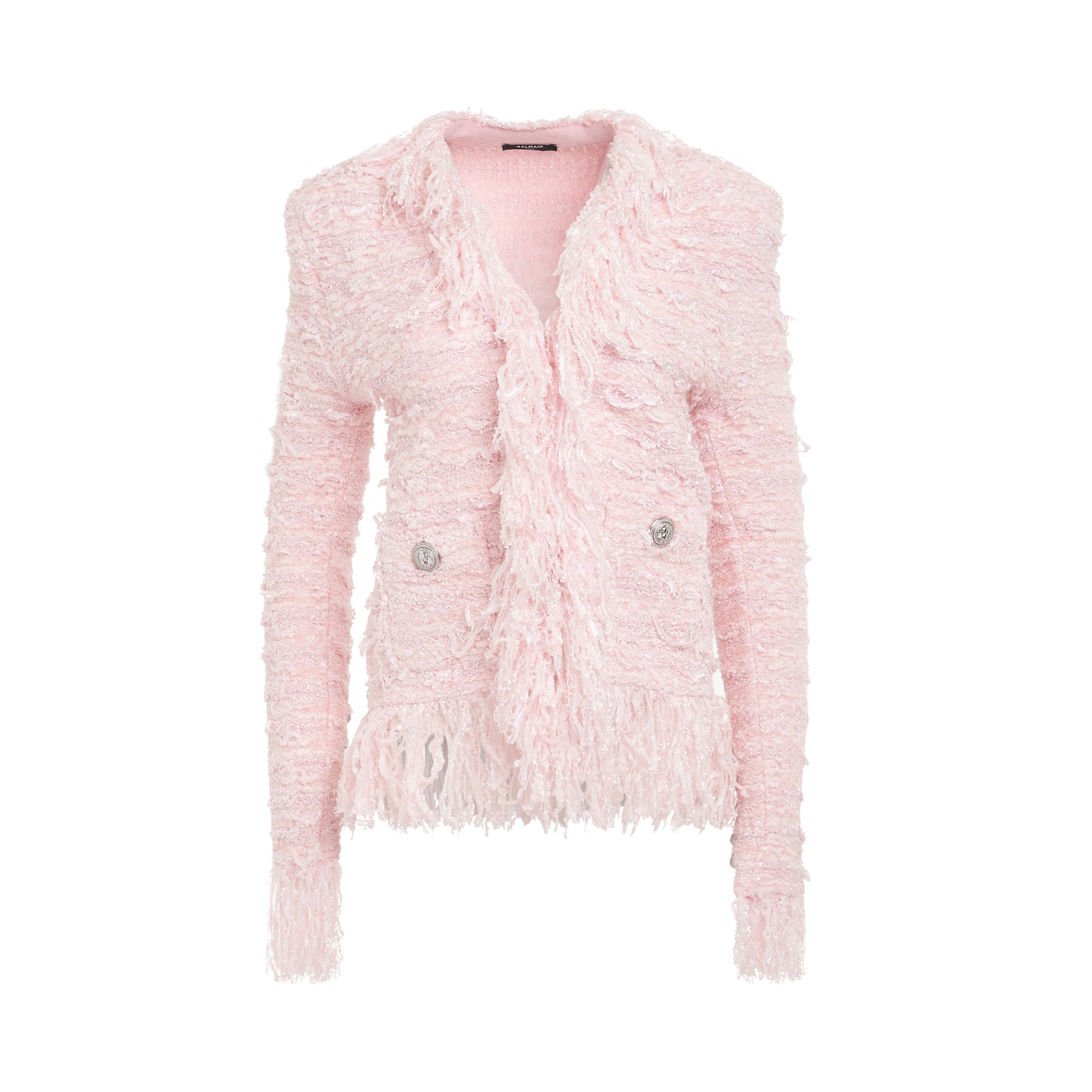 Iridescent Fringe Tweed Side to Side Jacket in Light Pink