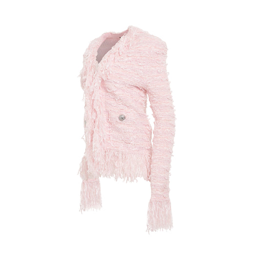 Iridescent Fringe Tweed Side to Side Jacket in Light Pink